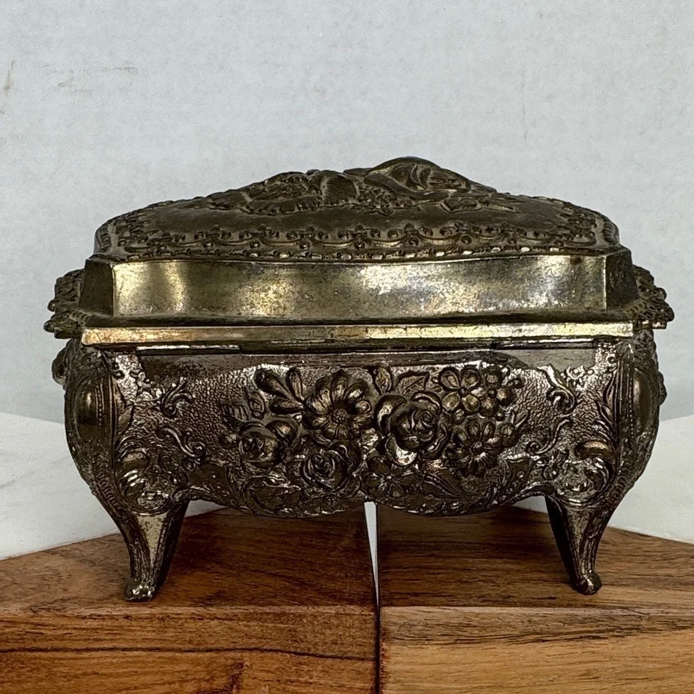 Vintage Ornate Rococo Silver Jewelry Casket with Red Lining